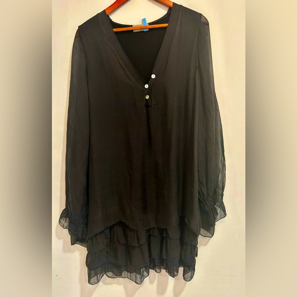 Sofia size Large Silk Black Sheer Layered V-Neck Tunic
